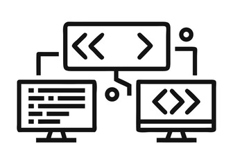 Charming hand drawn line art doodle collection representing various software coding and development concepts presented as a simple graphic set