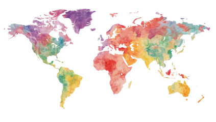  A vibrant watercolor depiction of the world map, showcasing continents in various colorful hues.