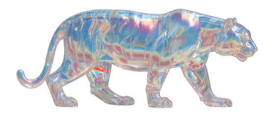 Iridescent Glass Tiger Sculpture with Transparent Background for Art Use