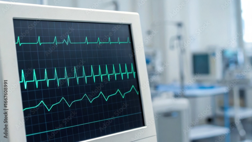 A medical monitor displaying heart rate data with green waveforms, set ...