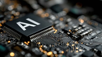 Futuristic artificial intelligence icon glowing on dark blue background with digital cubes and microchip elements, symbolizing modern AI technology, machine learning, innovation