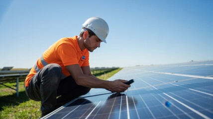 Ai generated image of a technician in a hard hat and orange vest uses a mobile device while working on solar panels outdoors