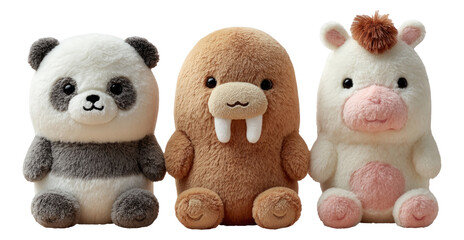 Cute Plush Toys of Panda, Walrus, and Unicorn on Transparent Background