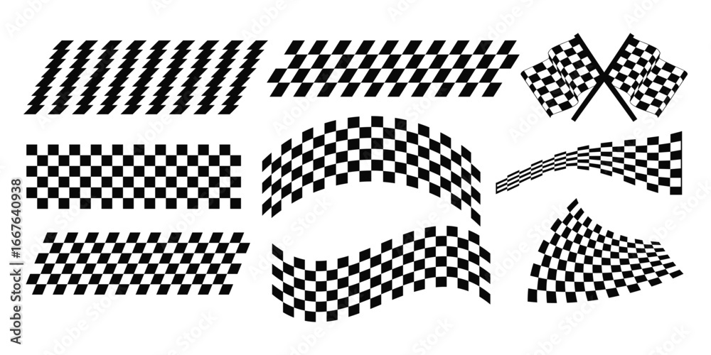 Shape Vector Racing Frame Racing stripes and checkered flags vector set. Dynamic black shapes for ...