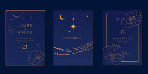 Wall Mural - Wedding invitation card design vector set. Elegant wedding card with little star moon and flower line art on navy blue background. Design illustration for cover, poster, gala.