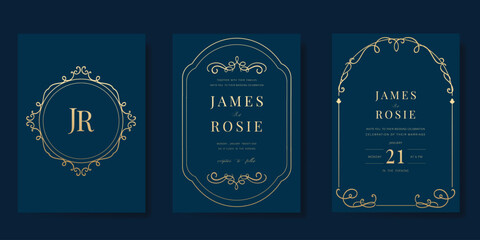Wall Mural - Wedding invitation card design vector set. Elegant wedding card with frame antique art deco on navy blue background. Design illustration for cover, poster, gala.