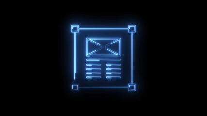 Glowing blue neon document icon with abstract text and email symbol on black background digital