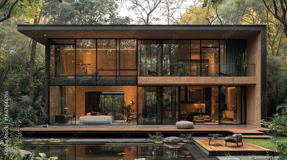 Modern house nestled in a lush forest, featuring large glass walls and ...
