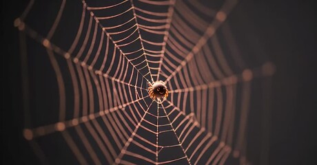Close-up of a spiderweb with a spider in the center, against a dark background.