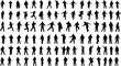 © Ideasy Mind - Silhouettes of people walking, running, gesturing, carrying bags in grid layout, diverse motion poses, black and white design, active lifestyle