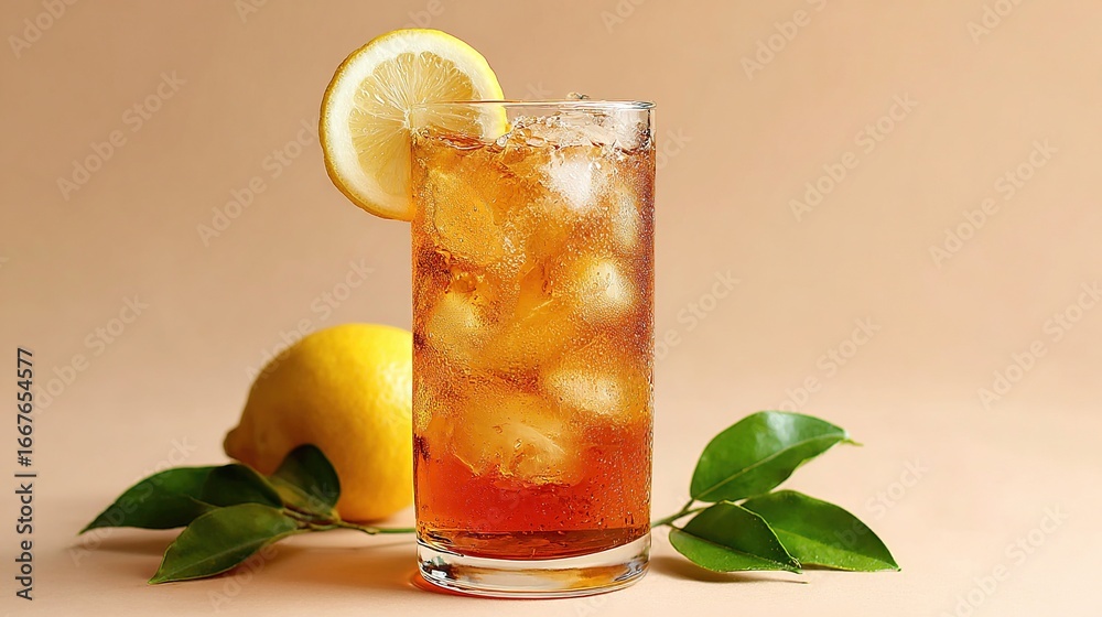 Iced tea with lemon slice and ice cubes in a tall glass, lemons and ...