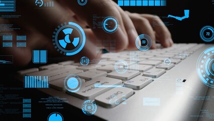 Wall Mural - close-up of hands typing on a keyboard surrounded by futuristic blue data visualizations, representi