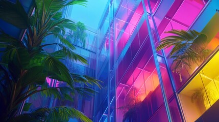Wall Mural - a vibrant scene of modern architecture showcasing colorful glass panels. lush greenery contrasts bea