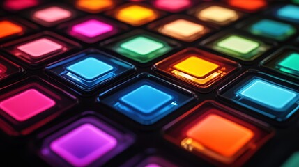 Sticker - Colorful illuminated buttons create a vibrant visual symphony. Each button glows uniquely, inviting interaction and creativity. Perfect for design and technology projects. Generative AI