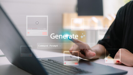 Close up of hand using laptop with digital command prompt and video generation icons. Concept of generative AI, content automation, artificial intelligence, video creation, and machine learning.