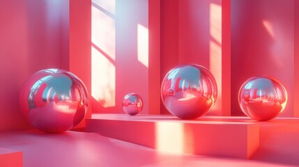 Wall Mural - Vibrant Coral Abstract Design with Shiny Spheres and Playful Light