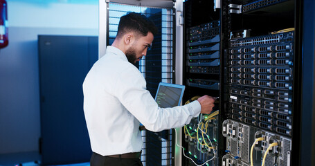 Man, laptop and cable inspection in server room, system or coding process for IT solution at company. Person, cybersecurity and assessment with computer, hardware and information technology at agency