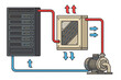 © Angle - Server liquid cooling system with heat exchanger and fluid pump. Data center thermal management technology diagram. IT infrastructure hardware concept. Vector cartoon illustration.