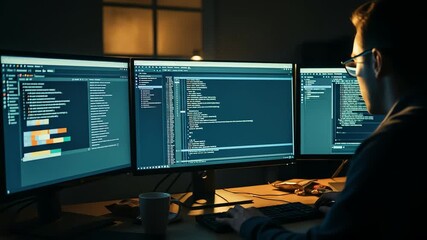 Software Developer Working Late at Night on Multiple Monitors Writing Code