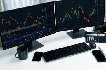 Two screens of dynamic stock market exchange graph showing on computer. Automatically trading sell or buy profit on time application investment on financial technology updated on software. Infobahn.