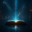 © NongEngEng - AI generated fantasy artwork of an ancient open book glowing with blue light and golden sparks in a mystical library creating a sense of wonder imagination and inspiration