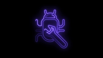 Glowing Neon Bug Icon Repair Fix Debugging Concept Isolated Black Background video