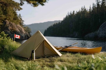 Wall Mural - Serene lakeside camping with tent and kayak in canadian wilderness