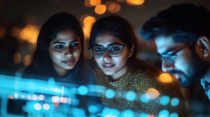 Three people looking at a screen with blue light effects