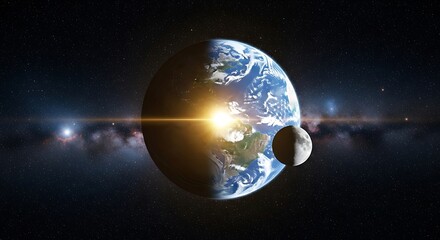 Wall Mural - Earth and Moon illuminated by the Sun with distant galaxies in the starry cosmos
