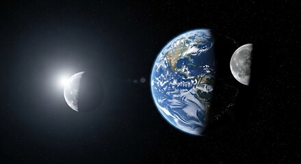 Wall Mural - Earth moon and sun celestial bodies in outer space showing cosmic planetary science and astronomical exploration