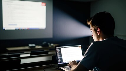 Person Coding on Laptop During Presentation in Dark Room