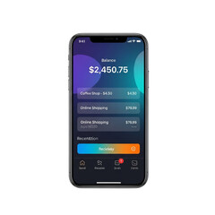 Modern mobile banking app interface displaying financial transactions and balances on a smartphone screen transparent background