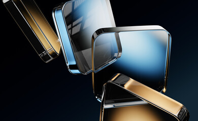 Wall Mural - black 3d background. iridescent glass transparent square plate shapes with blue brown gradient. abst