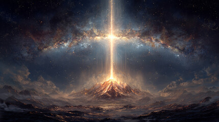 Epic cosmic light beam illuminates mountain peak, dramatic night sky, glowing energy, fantasy landscape, powerful and awe inspiring scene