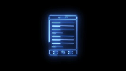 Glowing blue neon smartphone interface with data bars and buttons on black background abstract