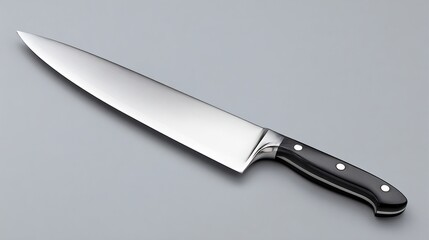 Shiny chef knife with black handle, elegantly laying on a neutral grey surface