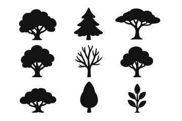 Nature trees silhouette icon set, plant botanical graphics, forest tree shapes collection, vector cartoon illustration with transparent background, ordered nature design elements