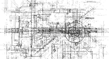 Complex technical blueprint with intricate lines and geometric shapes isolated on transparent background
