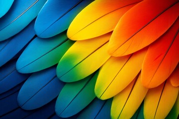 Wall Mural - brightly colored parrot feathers in close-up abstract pattern with vibrant rainbow hues on a natural