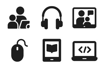Family technology solid icon set. Parent and child with tablet, video call, headphones, computer mouse, e-book for e-learning, and laptop for coding. Digital media concept.