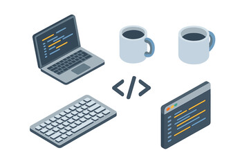 Isometric coding icon set. Web and software development concept. Programmer workspace elements. Laptop, keyboard, coffee mug, IDE window, code symbol. Vector flat illustration.