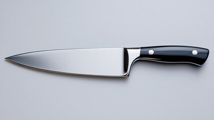 Shiny chef's knife with black handle, reflecting light on its blade, lies flat