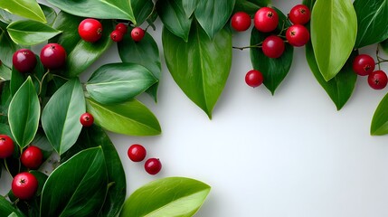 Wall Mural - A beautiful festive arrangement features red berries and lush green foliage against a clean white backdrop.