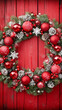 © Andrew - Festive Wreath's Charm: A beautifully crafted holiday wreath adorns a rustic wooden door, filled with festive red ornaments, sparkling embellishments, and natural evergreens.
