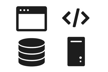 Web development icon set. Solid glyph icons of browser window, code brackets, database, and server. Concepts of programming, front-end, back-end, hosting, and data storage.