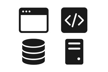 Web development icon set. Solid glyph icons for technology concepts like front-end and back-end. Browser, code, database, and server symbols for software development process.