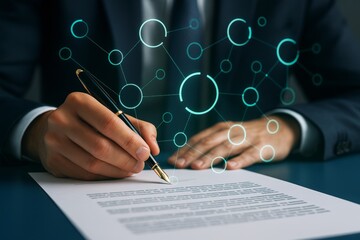 Wall Mural - businessman signing document with digital network graphics symbolizing data integration, innovation 