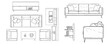 © MkJutt - CAD-style line drawing of living room furniture including sofas, armchairs, coffee tables, and shelves, shown in top and side views, minimal vector illustration for architectural plans and interior de