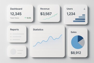 minimalist business dashboard interface with analytics widgets including charts, graphs, and statist