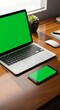 © suharti - Laptop and smartphone with blank green screens on a wooden desk, ready for use.